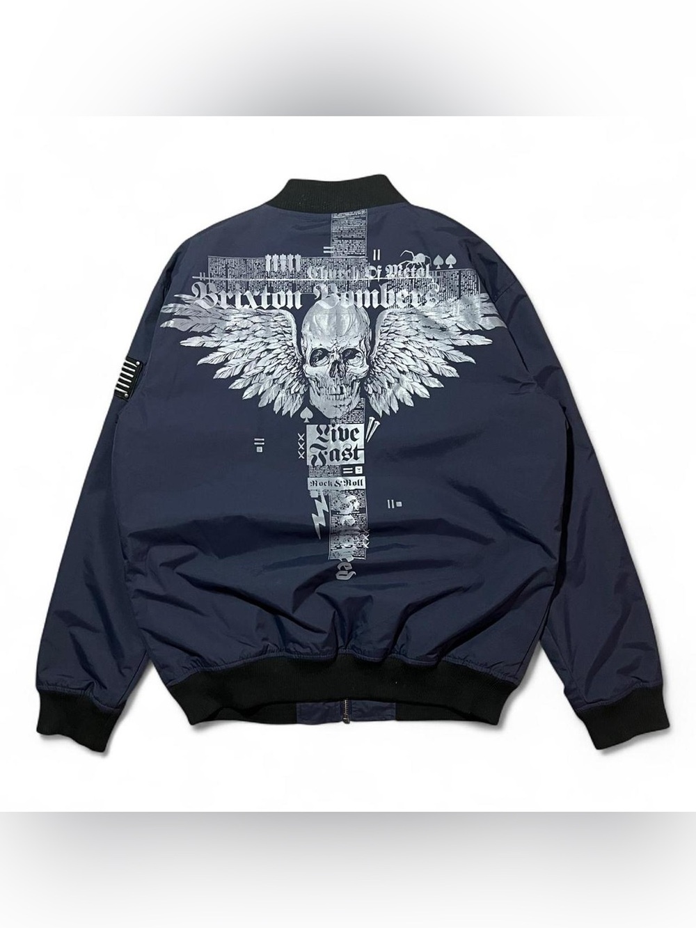 Affliction Navy Bomber Jacket with Winged Skull Graphic
